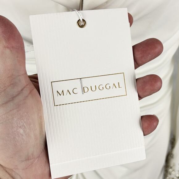 Mac Duggal Beaded Cuff Off-Shoulder Faux Wrap Gown White NWT Size 12 - Picture 12 of 12